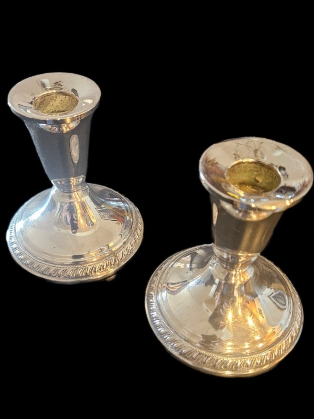 Vintage Nat. Sterling Weighted Candlestick Holders - 4" , Rope Trim (Minor Flaw)